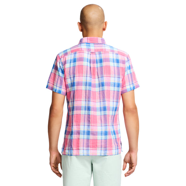 MADRAS WOVEN SHORT-SLEEVE BUTTON-DOWN SHIRT - RAPTURE ROSE