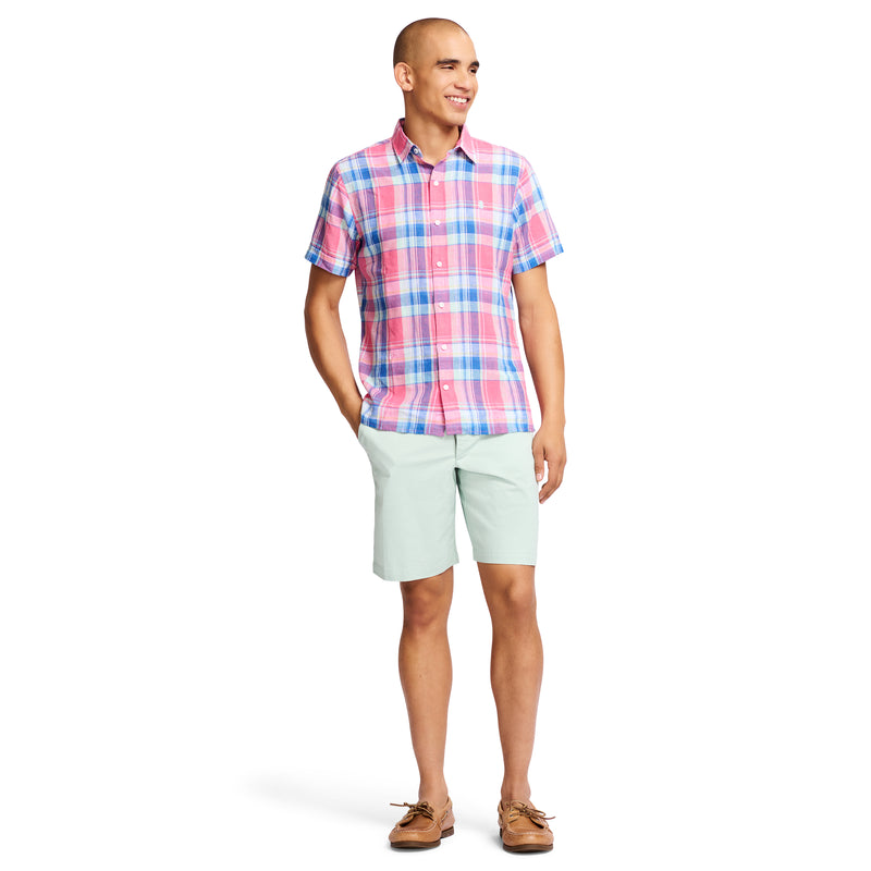 MADRAS WOVEN SHORT-SLEEVE BUTTON-DOWN SHIRT - RAPTURE ROSE