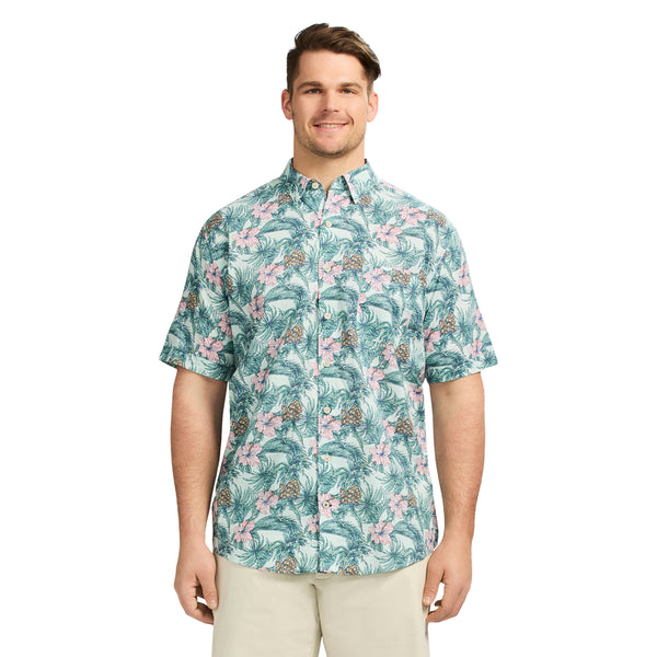 BIG & TALL DOCKSIDE SHORT SLEEVE CHAMBRAY PRINTED SHIRT - JADE