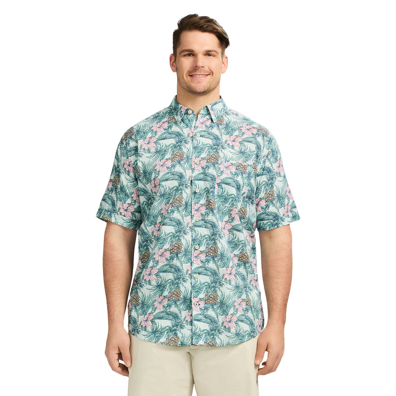 BIG & TALL DOCKSIDE SHORT SLEEVE CHAMBRAY PRINTED SHIRT - JADE