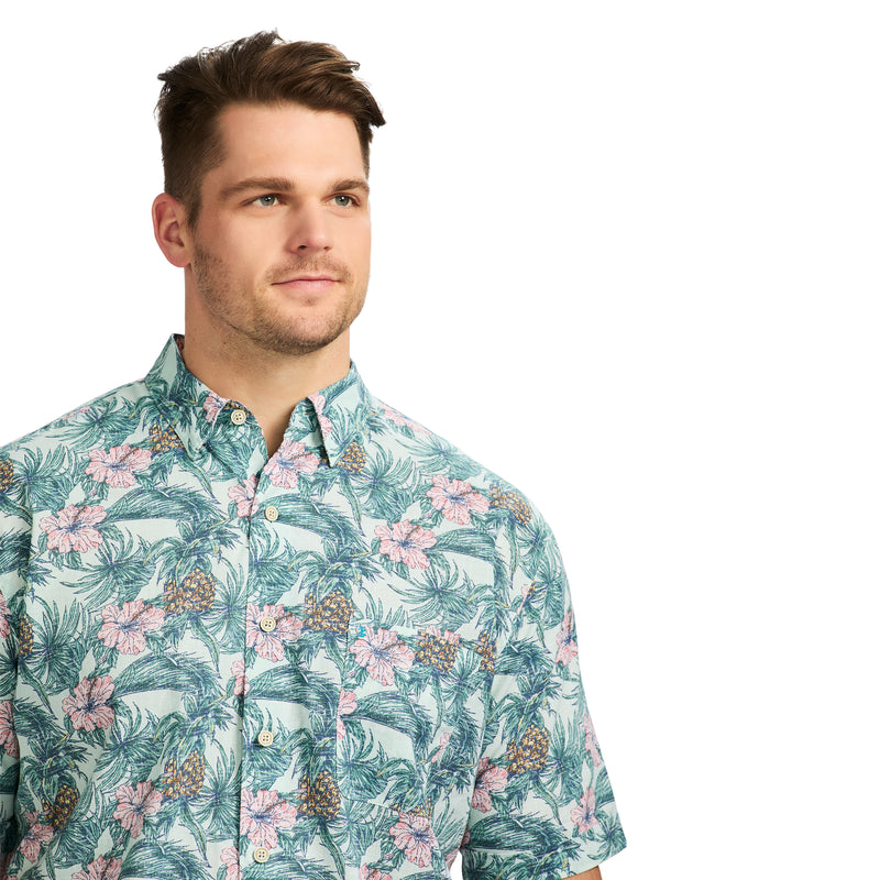 BIG & TALL DOCKSIDE SHORT SLEEVE CHAMBRAY PRINTED SHIRT - JADE
