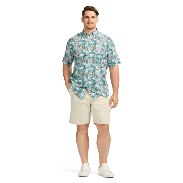 BIG & TALL DOCKSIDE SHORT SLEEVE CHAMBRAY PRINTED SHIRT - JADE