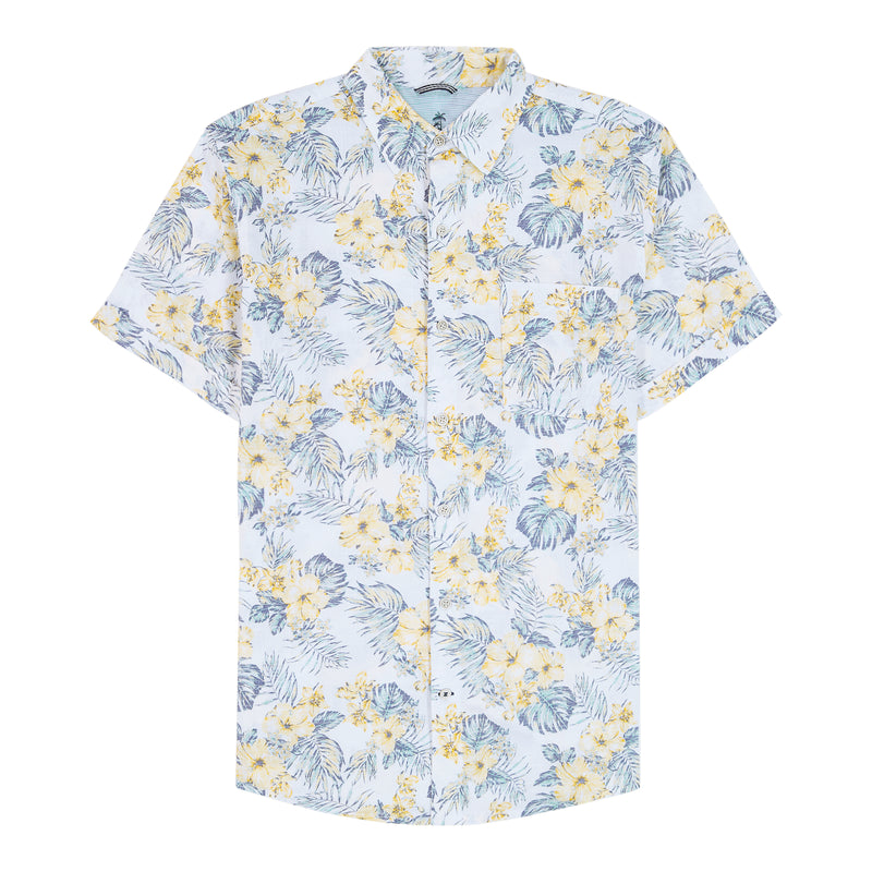 DOCKSIDE PRINTED CHAMBRAY SHORT SLEEVE BUTTON DOWN SHIRT - BRIGHT WHITE