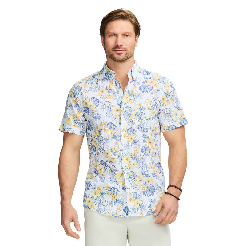 DOCKSIDE PRINTED CHAMBRAY SHORT SLEEVE BUTTON DOWN SHIRT - BRIGHT WHITE