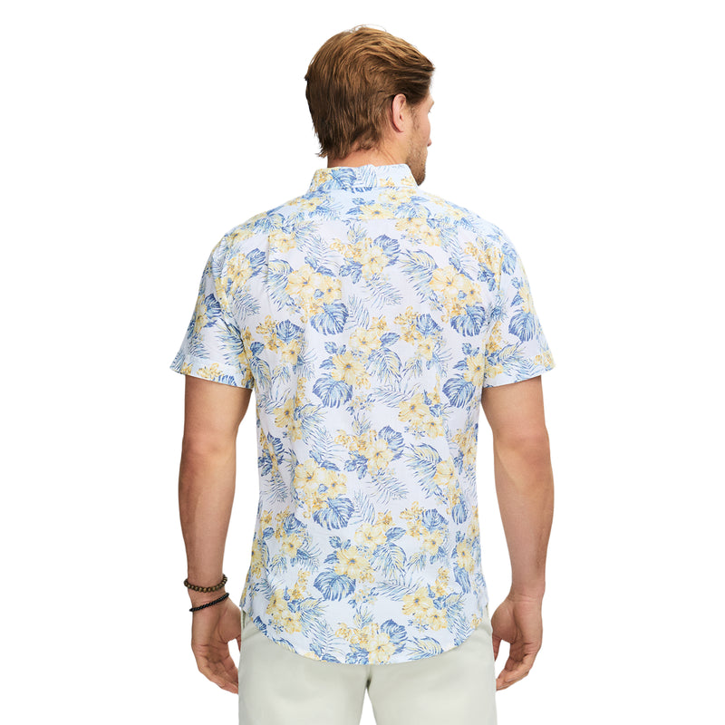 DOCKSIDE PRINTED CHAMBRAY SHORT SLEEVE BUTTON DOWN SHIRT - BRIGHT WHITE