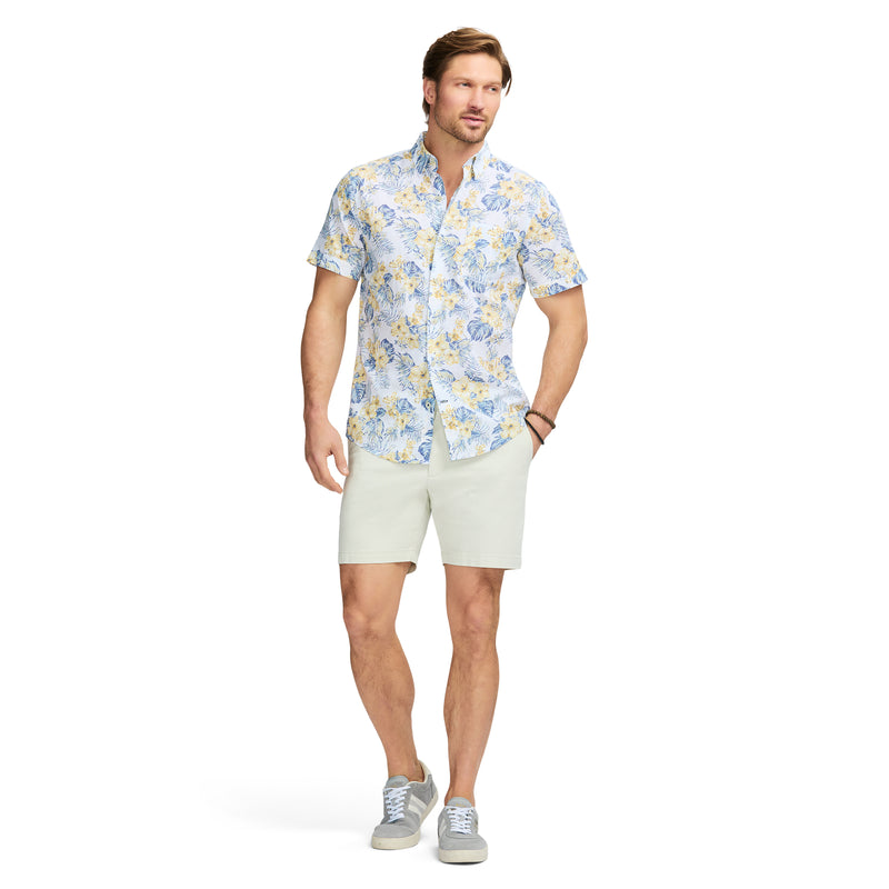 DOCKSIDE PRINTED CHAMBRAY SHORT SLEEVE BUTTON DOWN SHIRT - BRIGHT WHITE