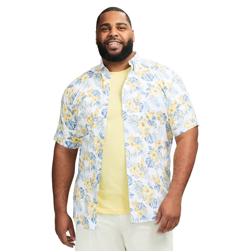 BIG & TALL DOCKSIDE PRINTED CHAMBRAY SHORT SLEEVE BUTTON DOWN SHIRT - BRIGHT WHITE