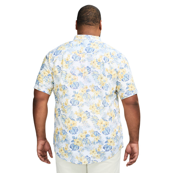 BIG & TALL DOCKSIDE PRINTED CHAMBRAY SHORT SLEEVE BUTTON DOWN SHIRT - BRIGHT WHITE