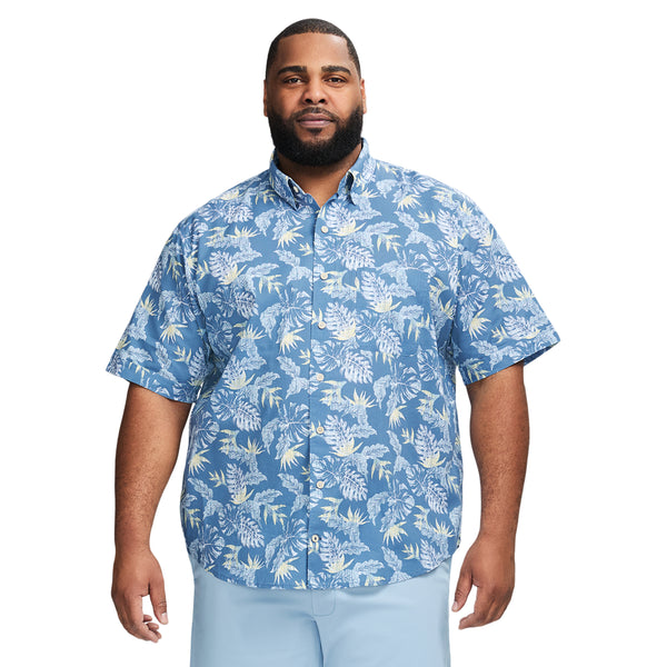 BIG & TALL DOCKSIDE PRINTED CHAMBRAY SHORT SLEEVE BUTTON DOWN SHIRT - MOONLIGHT BLUE