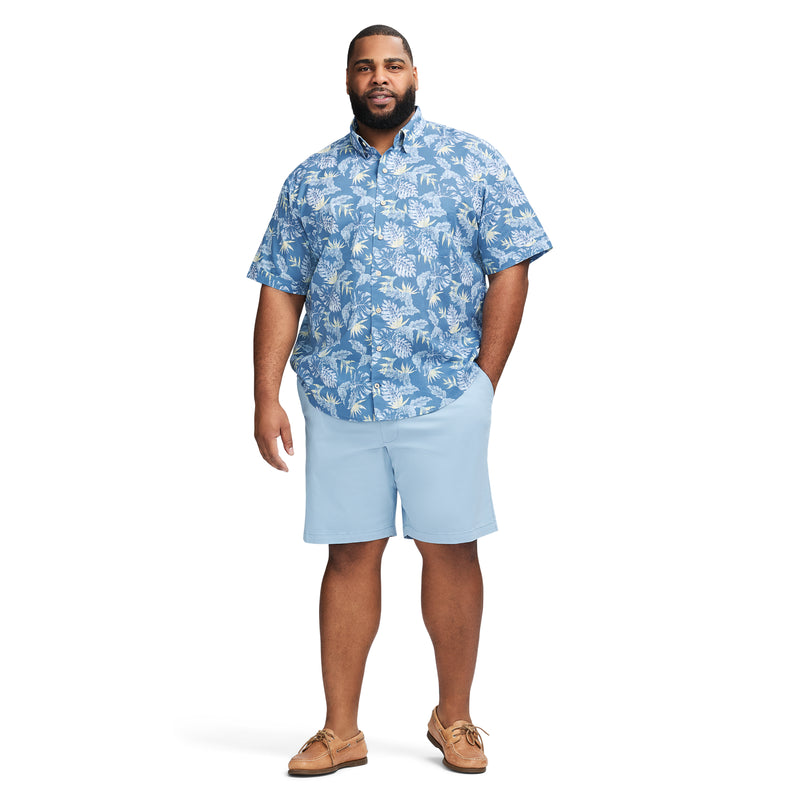 BIG & TALL DOCKSIDE PRINTED CHAMBRAY SHORT SLEEVE BUTTON DOWN SHIRT - MOONLIGHT BLUE