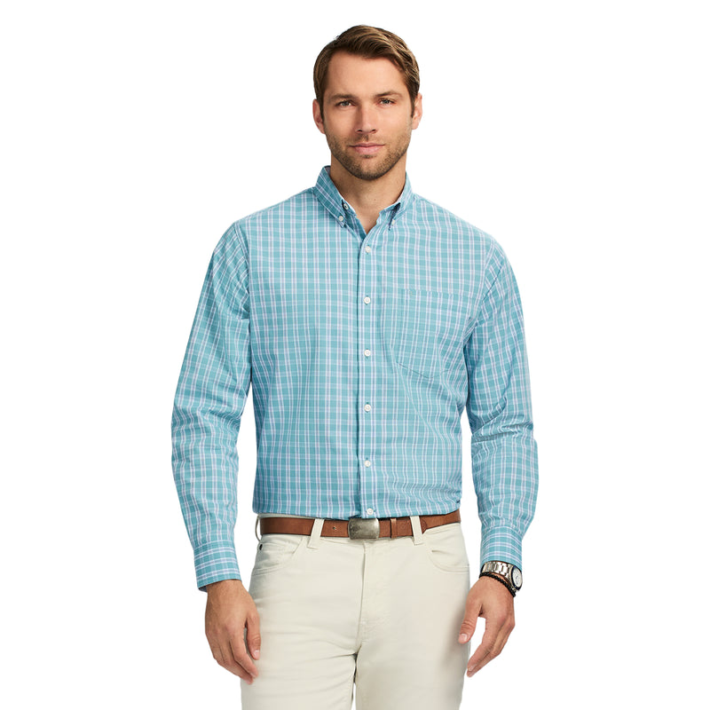 PERFORMANCE COMFORT LONG-SLEEVE PLAID BUTTON DOWN SHIRT - ADRIATIC BLUE