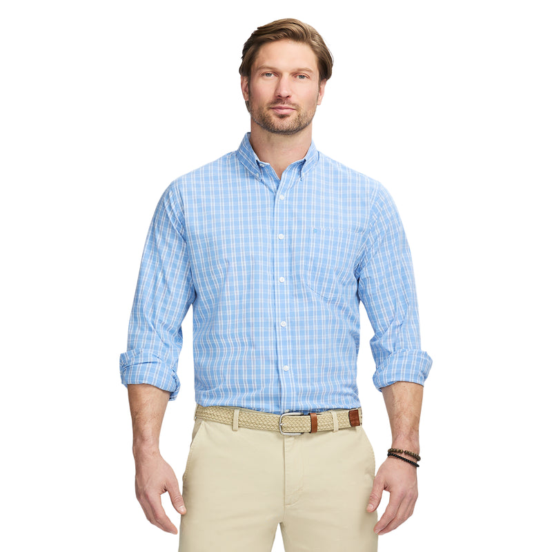 PERFORMANCE COMFORT LONG SLEEVE PLAID BUTTON DOWN SHIRT - AZURINE BLUE