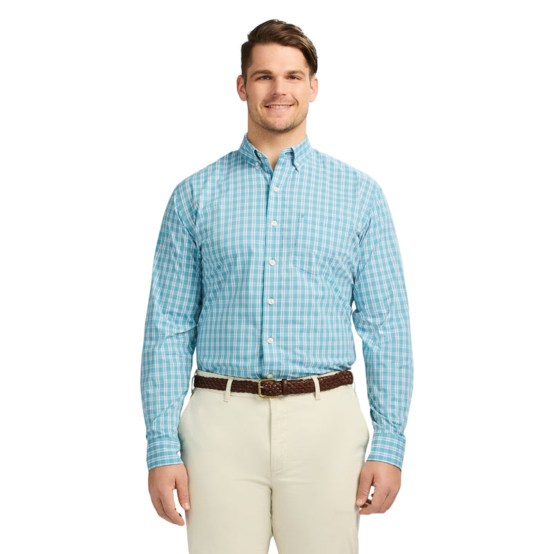 BIG AND TALL PERFORMANCE COMFORT LONG-SLEEVE PLAID BUTTON DOWN - ADRIATIC BLUE