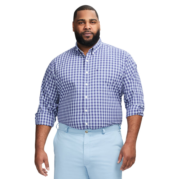 BIG & TALL PERFORMANCE COMFORT LONG SLEEVE PLAID BUTTON DOWN SHIRT - SKIPPER BLUE