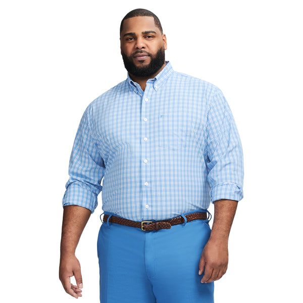 BIG & TALL PERFORMANCE COMFORT LONG SLEEVE PLAID BUTTON DOWN SHIRT - AZURINE BLUE
