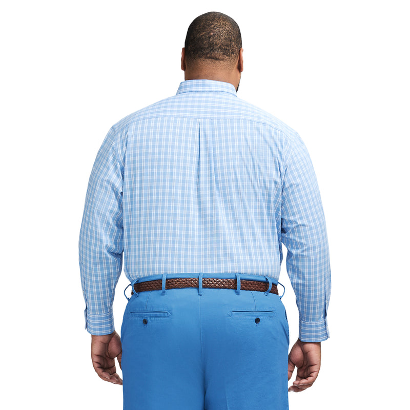BIG & TALL PERFORMANCE COMFORT LONG SLEEVE PLAID BUTTON DOWN SHIRT - AZURINE BLUE