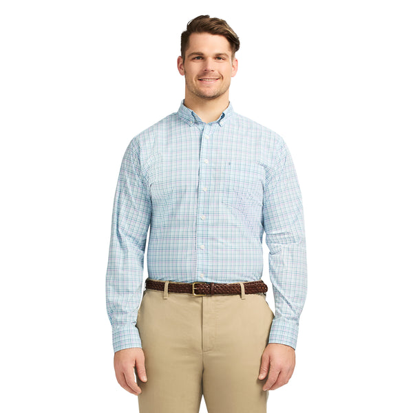 BIG AND TALL PERFORMANCE COMFORT LONG-SLEEVE PLAID BUTTON DOWN - CRYSTAL BLUE