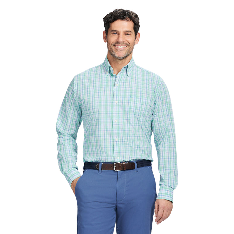 PERFORMANCE COMFORT LONG SLEEVE PLAID BUTTON DOWN SHIRT - BIRDS EGG GREEN