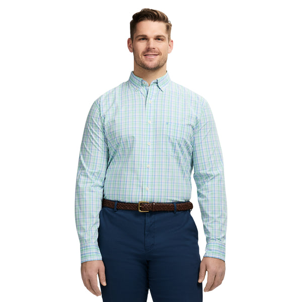 BIG AND TALL PERFORMANCE COMFORT LONG SLEEVE PLAID BUTTON DOWN - BIRDS EGG GREEN