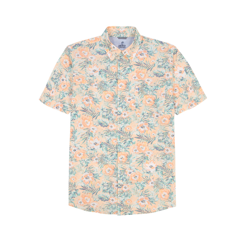 BIG & TALL DOCKSIDE PRINTED CHAMBRAY SHORT SLEEVE BUTTON DOWN SHIRT - ALMOND CREAM