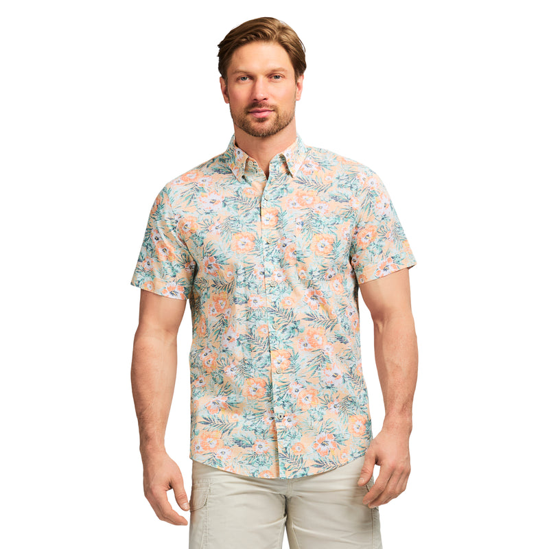 DOCKSIDE PRINTED CHAMBRAY SHORT SLEEVE BUTTON DOWN SHIRT - ALMOND CREAM