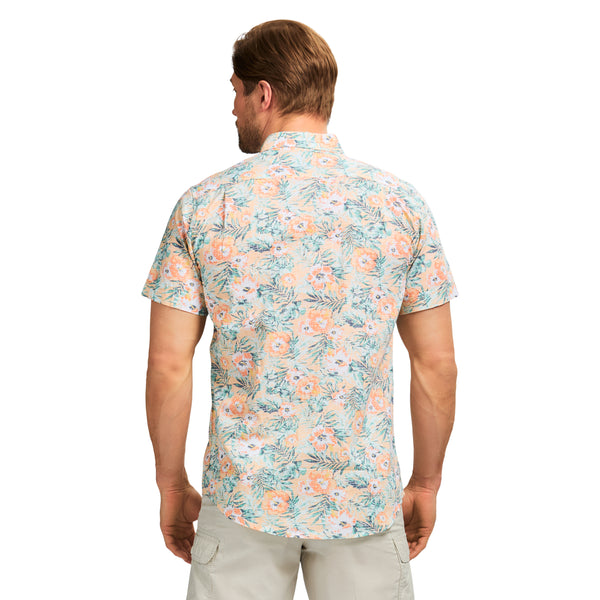 DOCKSIDE PRINTED CHAMBRAY SHORT SLEEVE BUTTON DOWN SHIRT - ALMOND CREAM