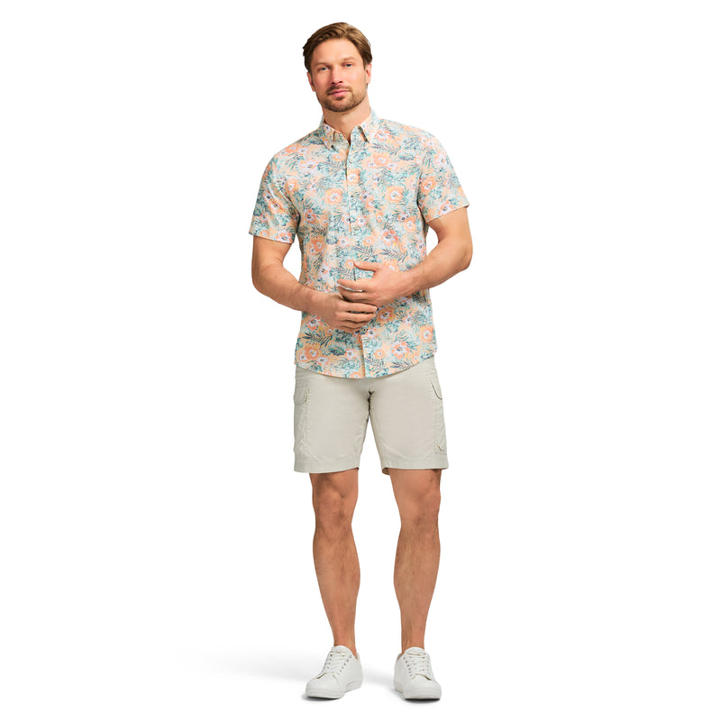 DOCKSIDE PRINTED CHAMBRAY SHORT SLEEVE BUTTON DOWN SHIRT - ALMOND CREAM