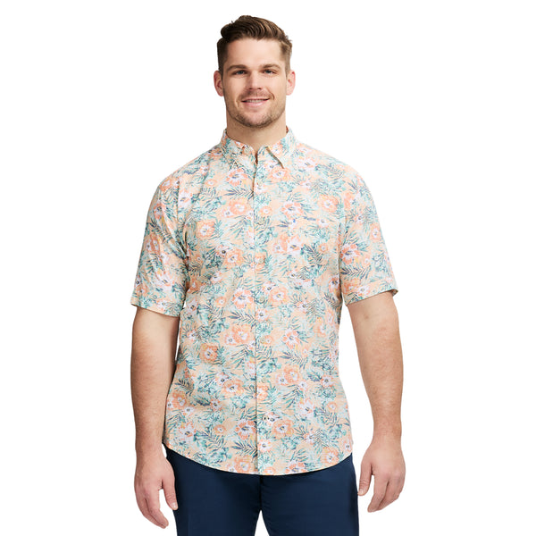 BIG & TALL DOCKSIDE PRINTED CHAMBRAY SHORT SLEEVE BUTTON DOWN SHIRT - ALMOND CREAM