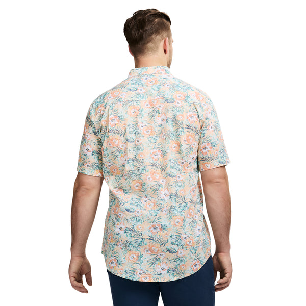 BIG & TALL DOCKSIDE PRINTED CHAMBRAY SHORT SLEEVE BUTTON DOWN SHIRT - ALMOND CREAM