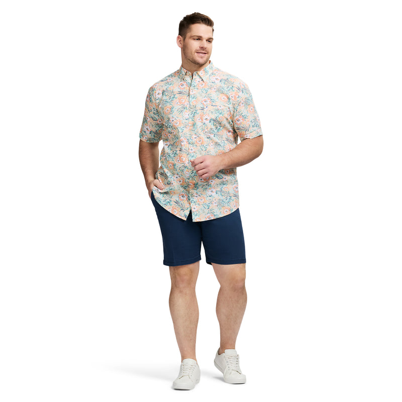 BIG & TALL DOCKSIDE PRINTED CHAMBRAY SHORT SLEEVE BUTTON DOWN SHIRT - ALMOND CREAM