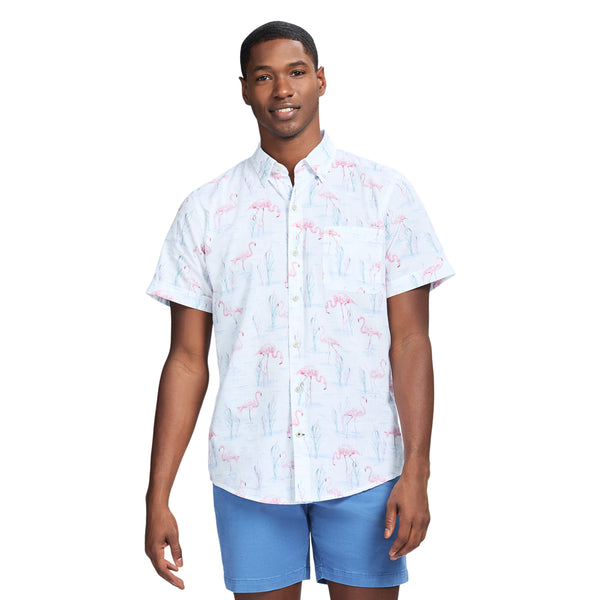 DOCKSIDE PRINTED CHAMBRAY SHORT SLEEVE BUTTON DOWN SHIRT - BRIGHT WHITE