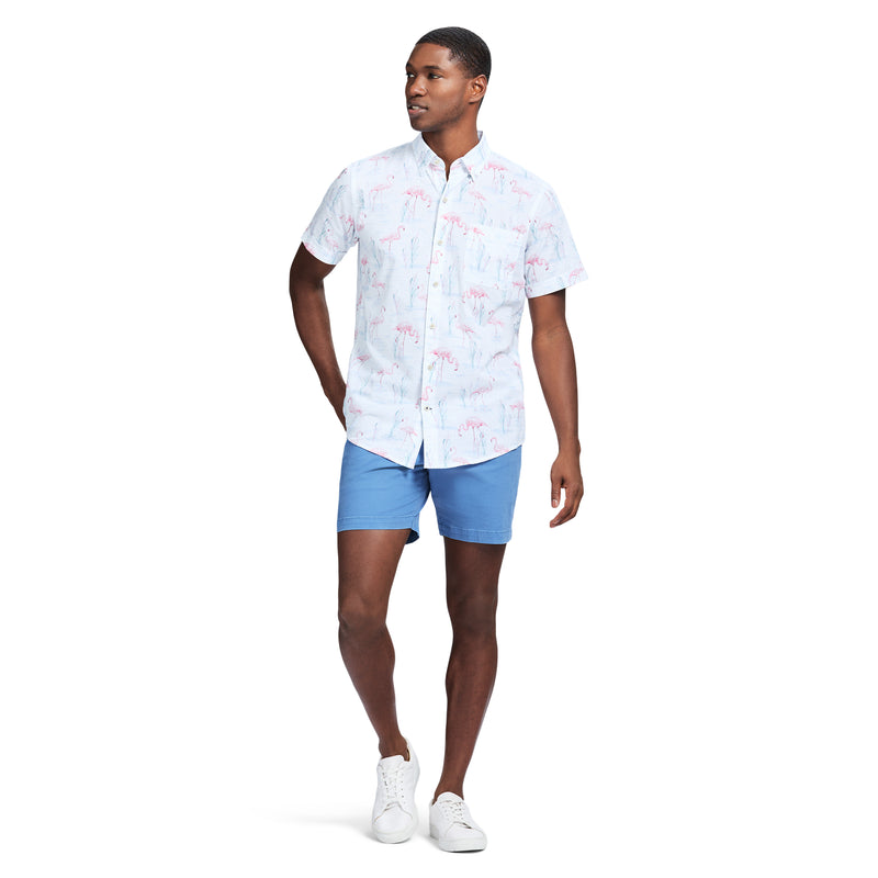 DOCKSIDE PRINTED CHAMBRAY SHORT SLEEVE BUTTON DOWN SHIRT - BRIGHT WHITE