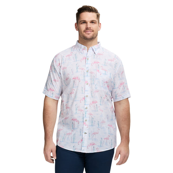 BIG & TALL DOCKSIDE PRINTED CHAMBRAY SHORT SLEEVE BUTTON DOWN SHIRT - BRIGHT WHITE