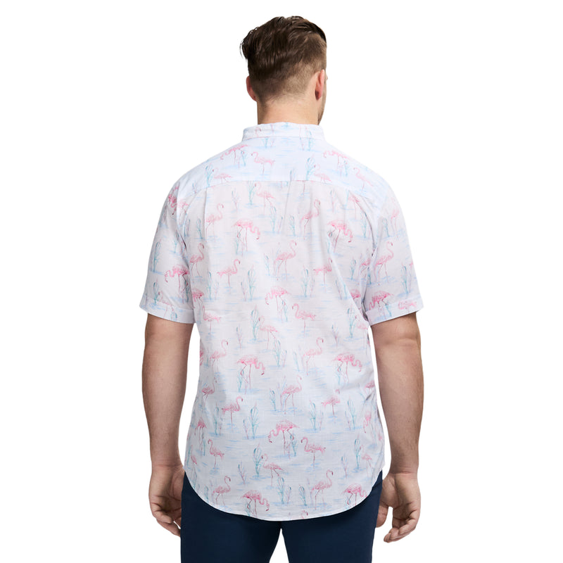 BIG & TALL DOCKSIDE PRINTED CHAMBRAY SHORT SLEEVE BUTTON DOWN SHIRT - BRIGHT WHITE