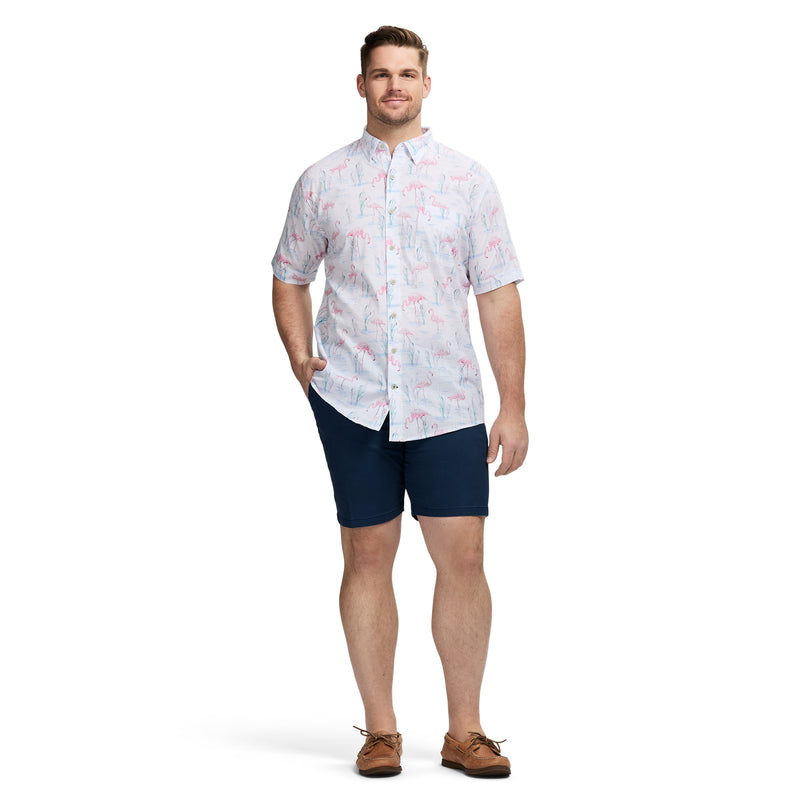 BIG & TALL DOCKSIDE PRINTED CHAMBRAY SHORT SLEEVE BUTTON DOWN SHIRT - BRIGHT WHITE