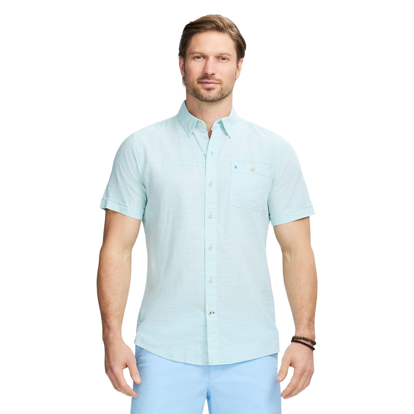 Dockside Solid Chambray Short Sleeve Button Down Shirt - Wasabi – IZOD