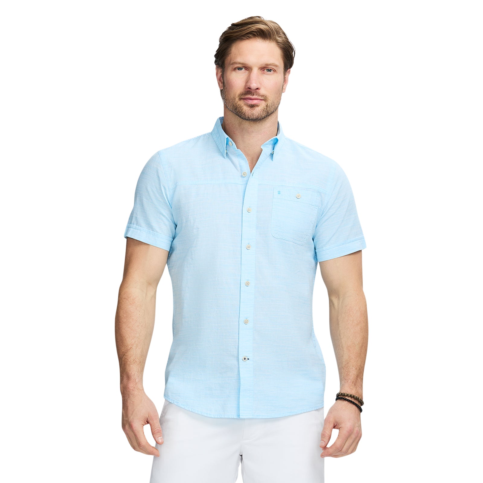 Izod Men's Saltwater Dockside Chambray Short Sleeve Button Down Shirt