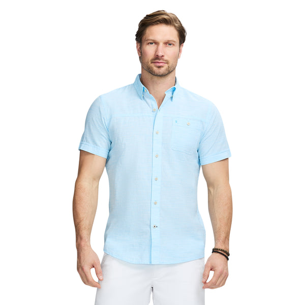 DOCKSIDE SOLID CHAMBRAY SHORT SLEEVE BUTTON DOWN SHIRT - AQUARIUS