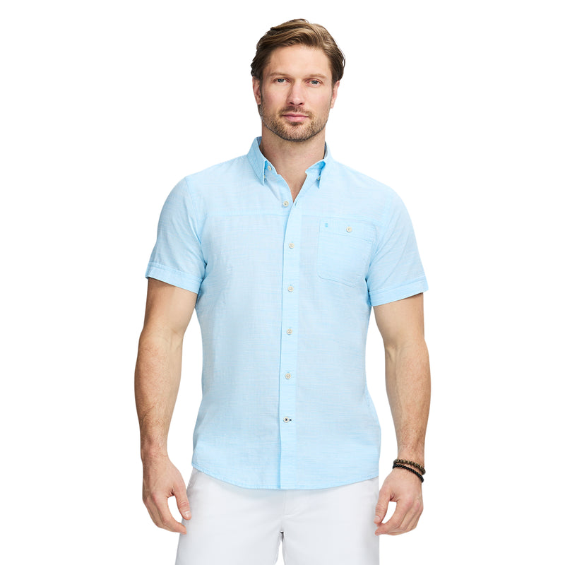 DOCKSIDE SOLID CHAMBRAY SHORT SLEEVE BUTTON DOWN SHIRT - AQUARIUS