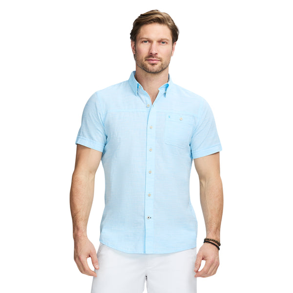 Dockside Solid Chambray Short Sleeve Button Down Shirt - Aquarius