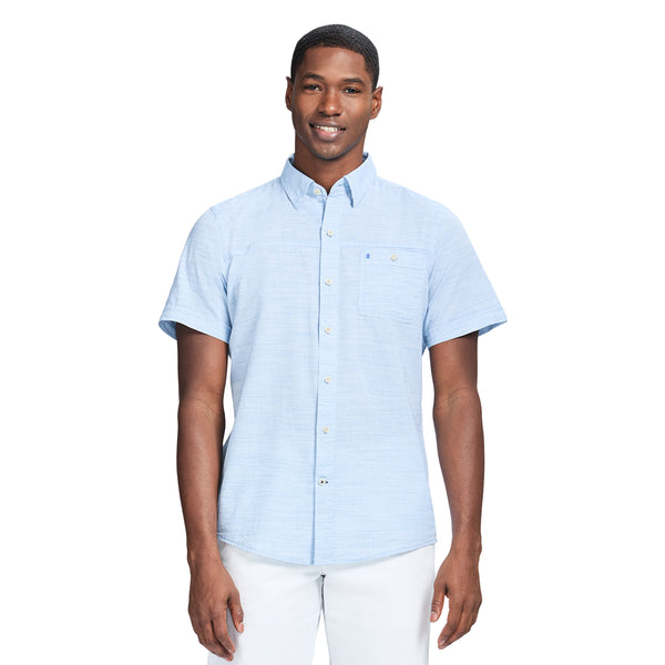 DOCKSIDE SOLID CHAMBRAY SHORT SLEEVE BUTTON DOWN SHIRT - BLUE REVIVAL