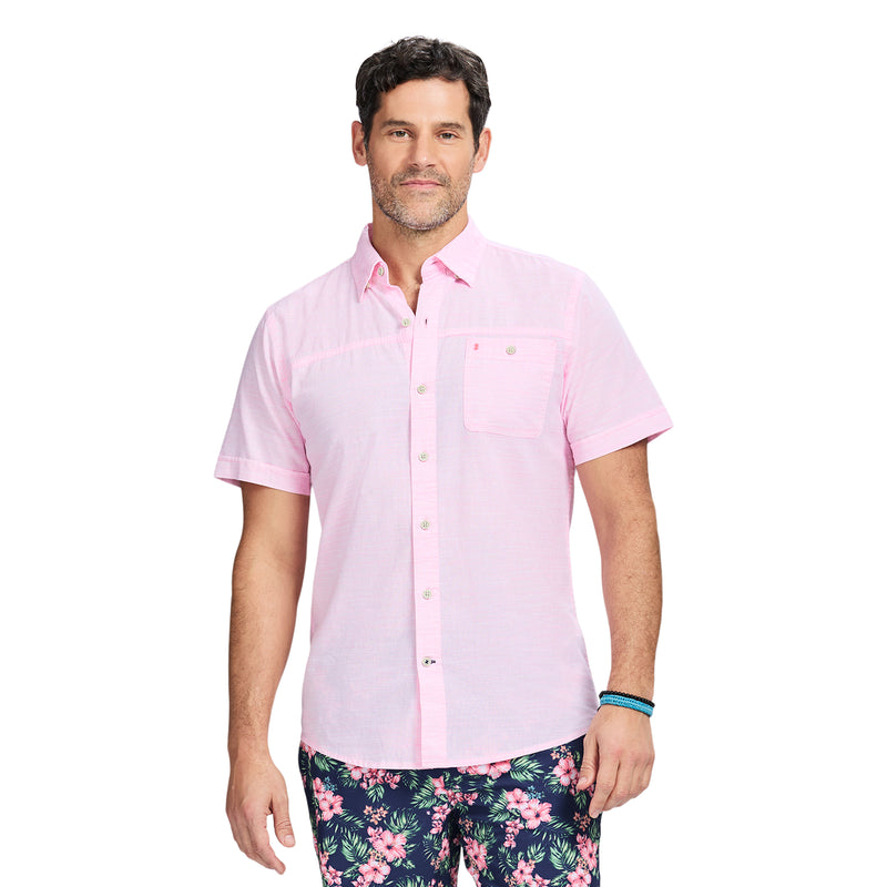 DOCKSIDE SOLID CHAMBRAY SHORT SLEEVE BUTTON DOWN SHIRT - PINK CARNATION