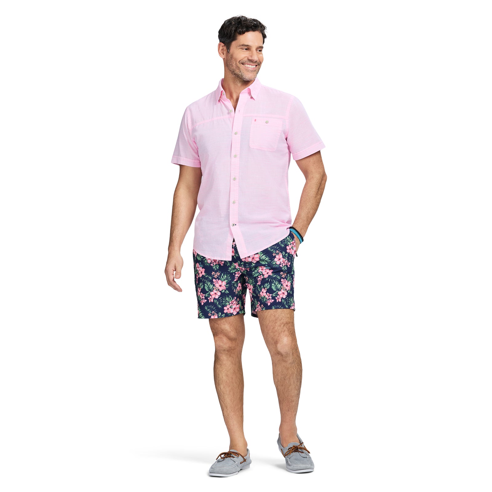 Dockside Solid Chambray Short Sleeve Button Down Shirt - Pink