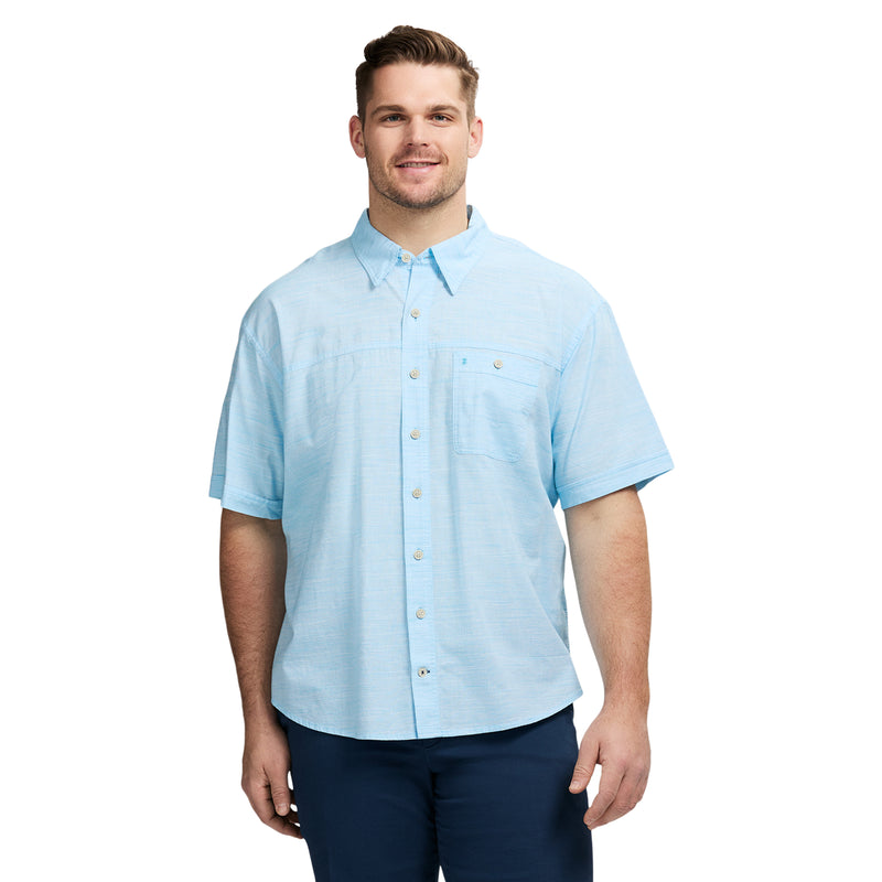 BIG & TALL DOCKSIDE SOLID CHAMBRAY SHORT SLEEVE BUTTON DOWN SHIRT - AQUARIUS