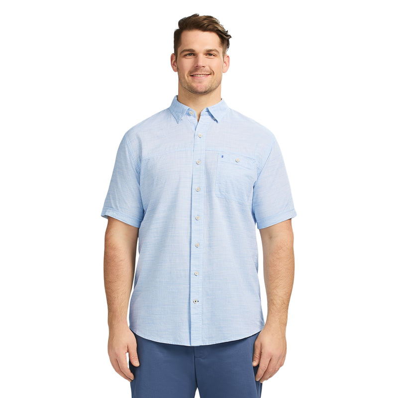 BIG & TALL DOCKSIDE SOLID CHAMBRAY SHORT SLEEVE BUTTON DOWN SHIRT - BLUE REVIVAL