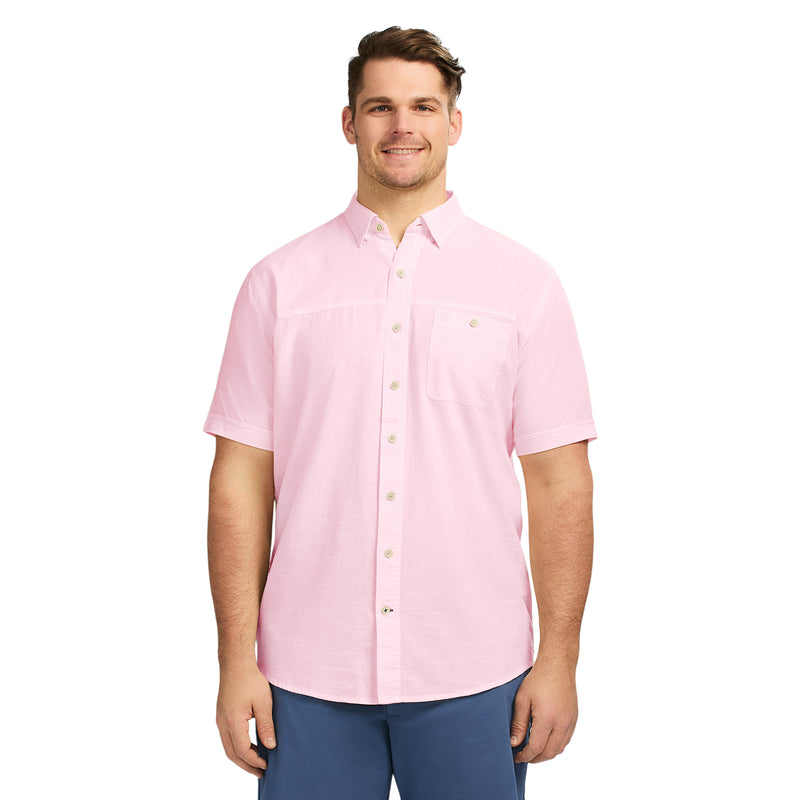 BIG & TALL DOCKSIDE SOLID CHAMBRAY SHORT SLEEVE BUTTON DOWN SHIRT - PINK CARNATION