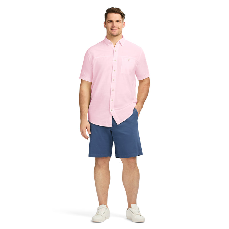 BIG & TALL DOCKSIDE SOLID CHAMBRAY SHORT SLEEVE BUTTON DOWN SHIRT - PINK CARNATION