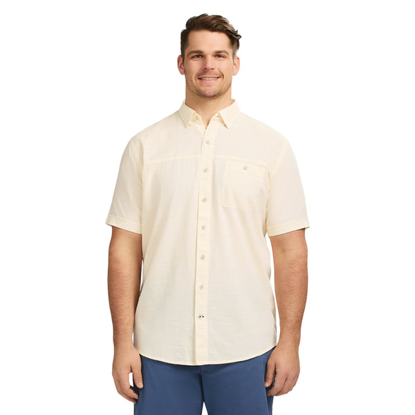 BIG & TALL DOCKSIDE SOLID CHAMBRAY SHORT SLEEVE BUTTON DOWN SHIRT - BANANA CREAM