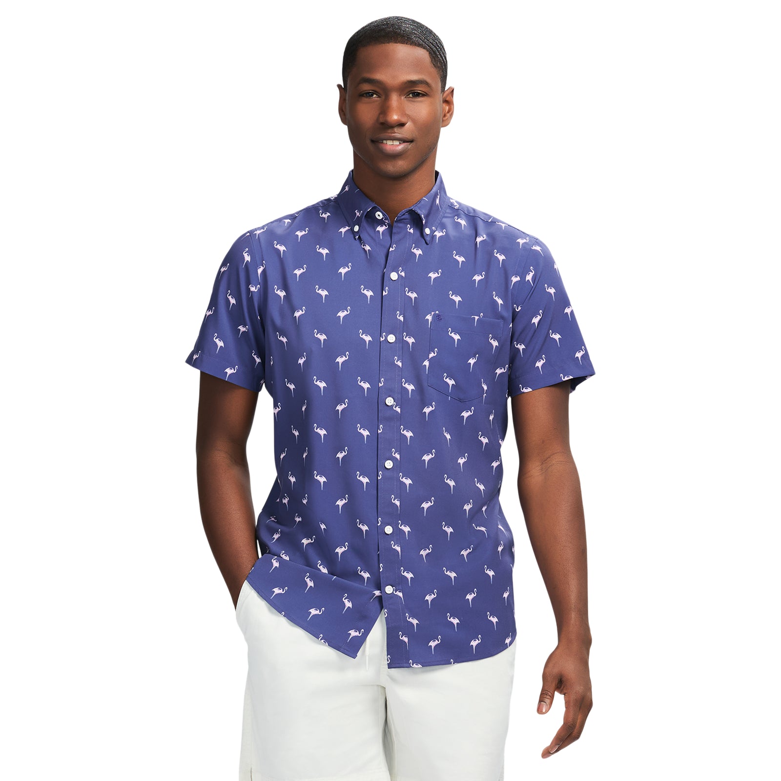 【SCENERITY】Cooling short-sleeve shirt Breeze Short Sleeve Printed Button Down Shirt - Skipper Blue