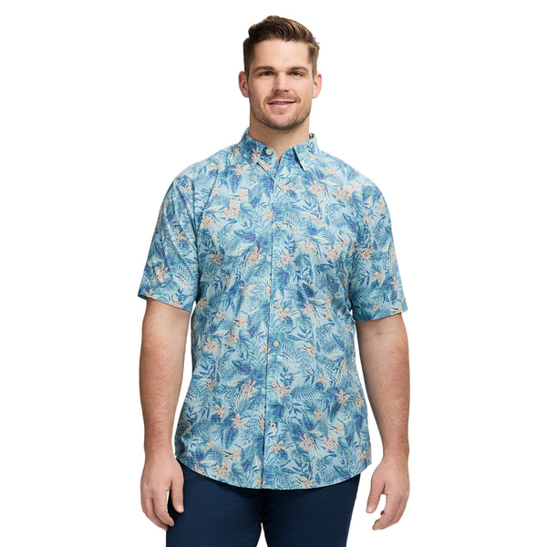 BIG & TALL DOCKSIDE SHORT SLEEVE CHAMBRAY PRINTED SHIRT - CHAMBRAY BLUE